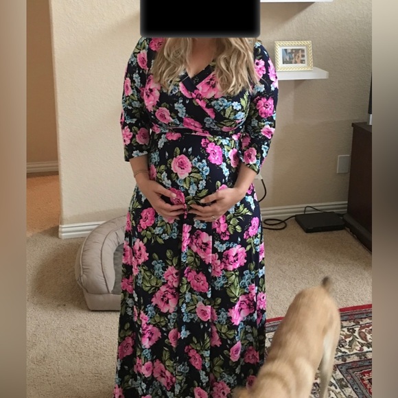 Pinkblush || Maternity Pink Navy and Blue Floral Maxi Dress with Tie - Picture 5 of 6